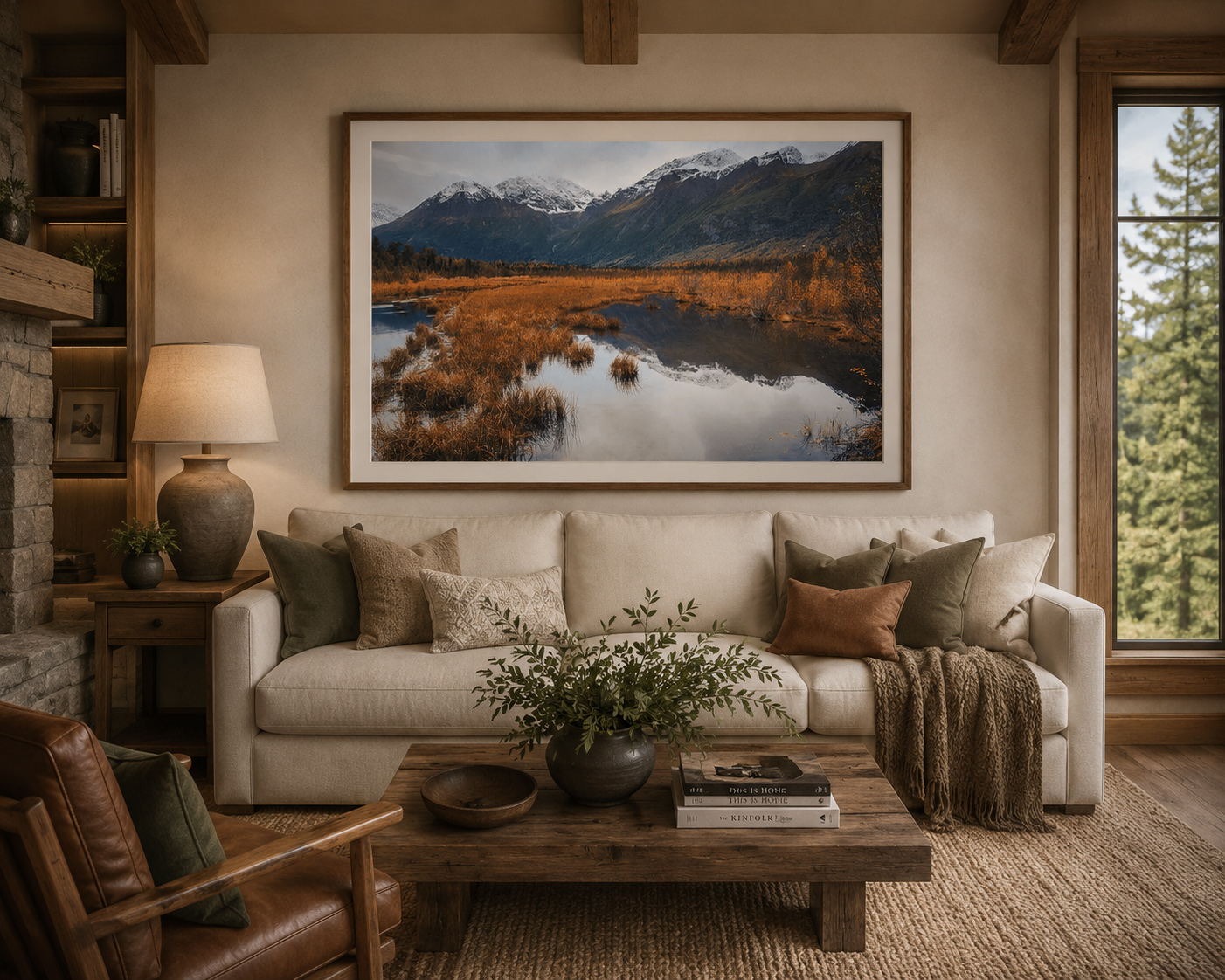 Autumn mountain landscape print framed above a sofa in a warm residential living room by Dan Sproul